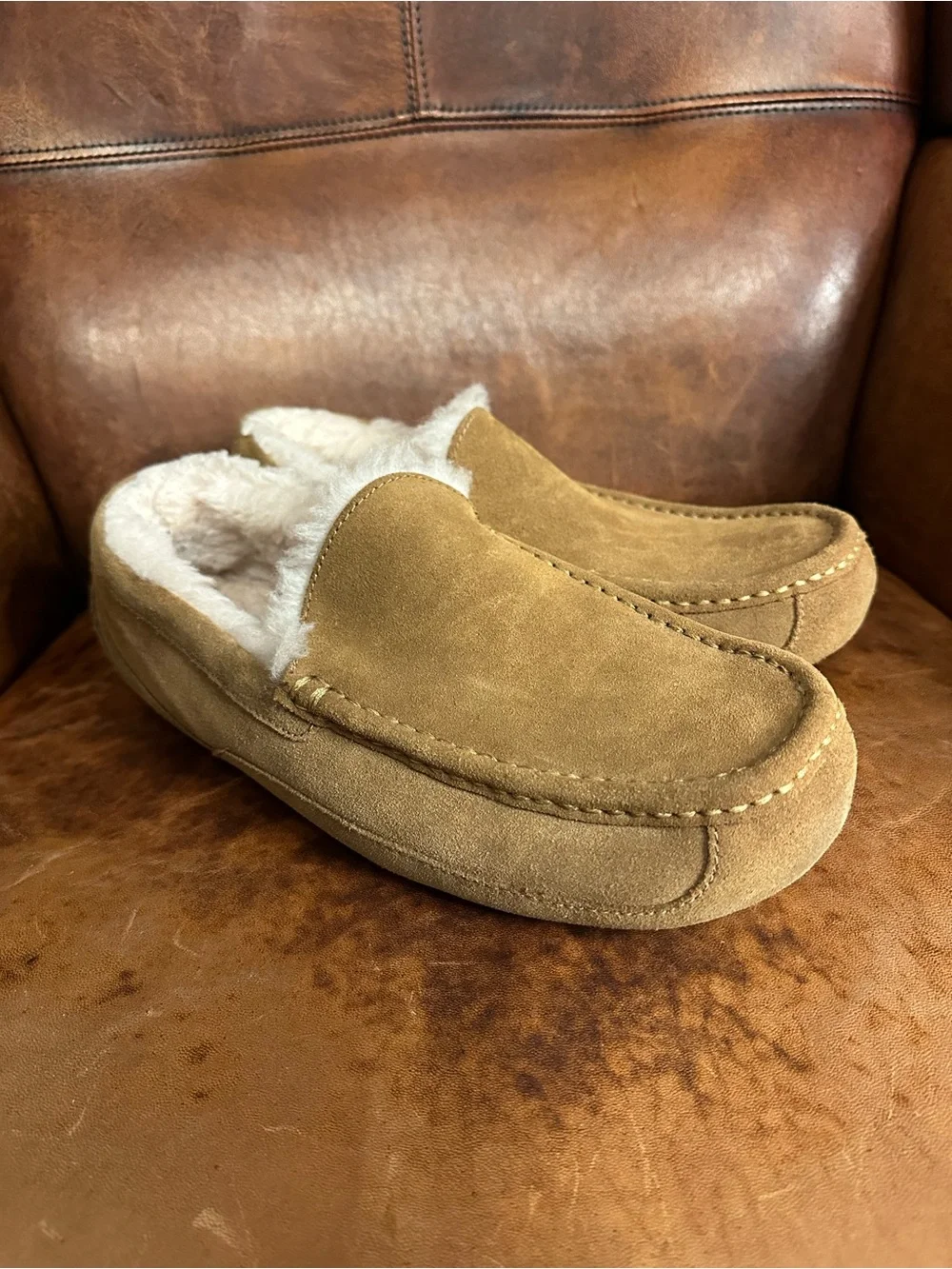 UGG Men's Suede Shearling-Lined Slip-On Loafers in Chestnut